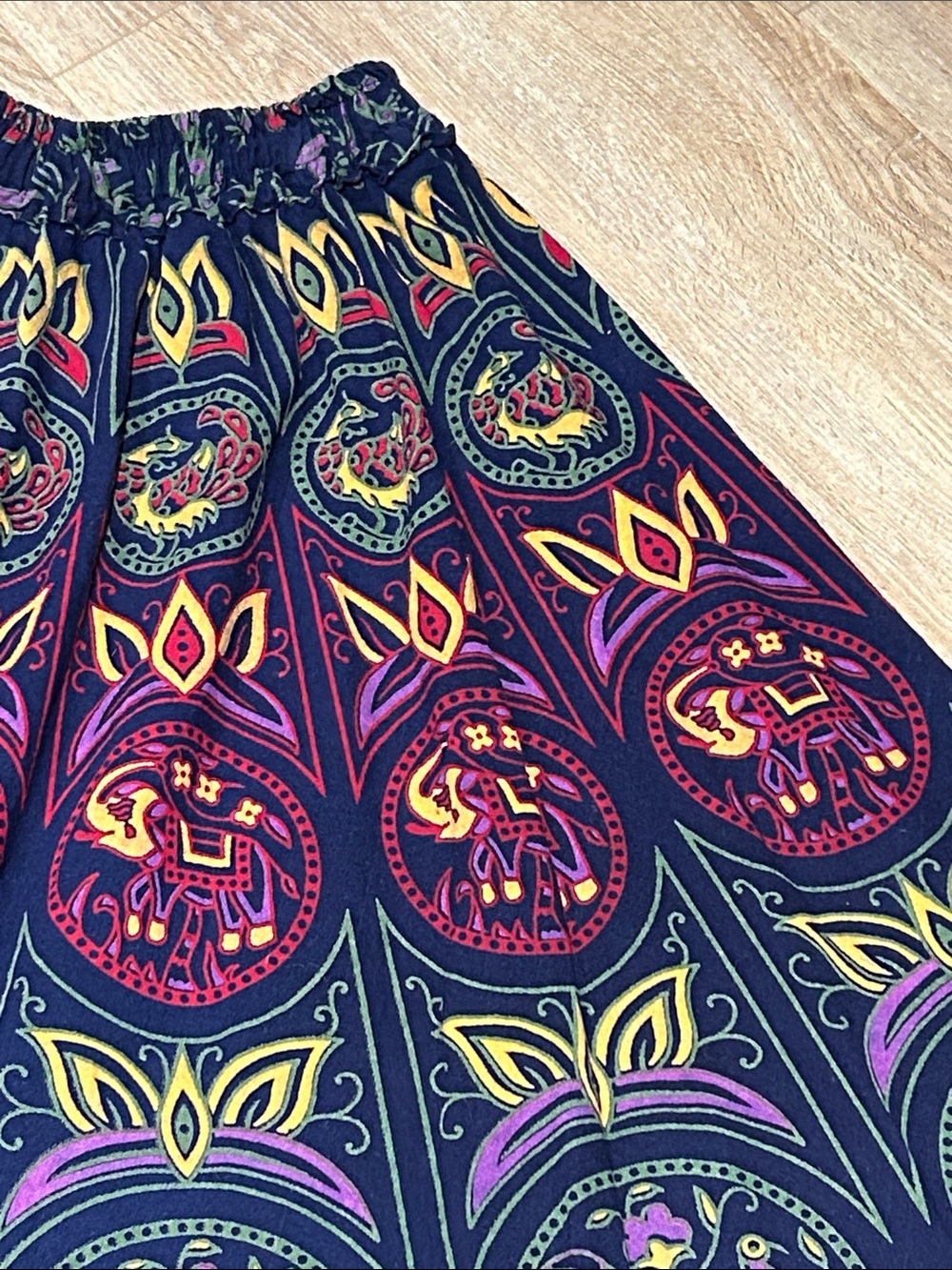 Boho Navy Maxi Skirt with Colorful Elephant Camel Peacock Medallions